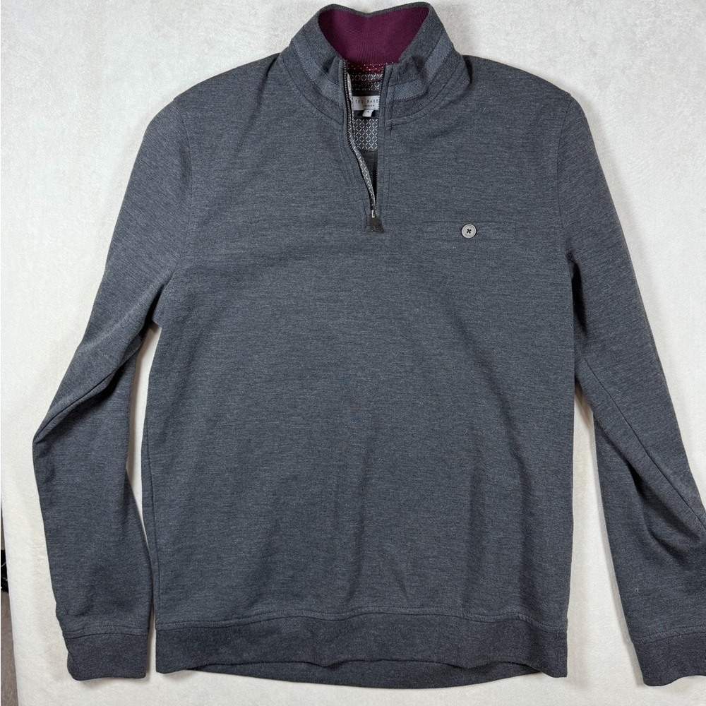 Ted Baker Size Medium (Tagged 4) Charcoal Quarter Zip Lux Front Pocket Sweater